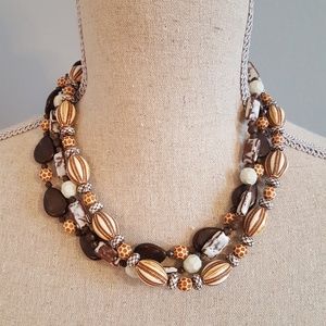 Brown and White 3 Strand Beaded Necklace